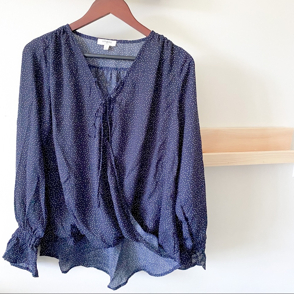 Umgee tie front polka dot long sleeve blouse